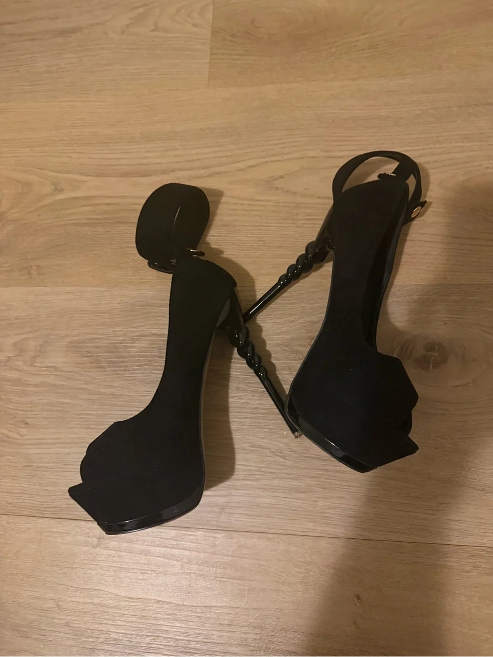 Black Peep-Toe Stiletto Heels with Gold Accent Ankle Strap
